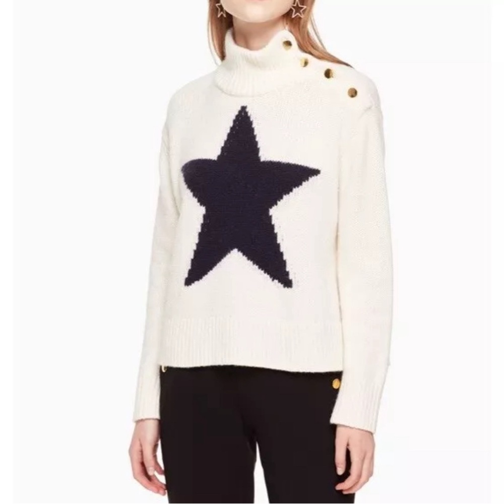 Kate Spade Broome Street Star Sweater Large Ivory Navy W/Gold Button NEW